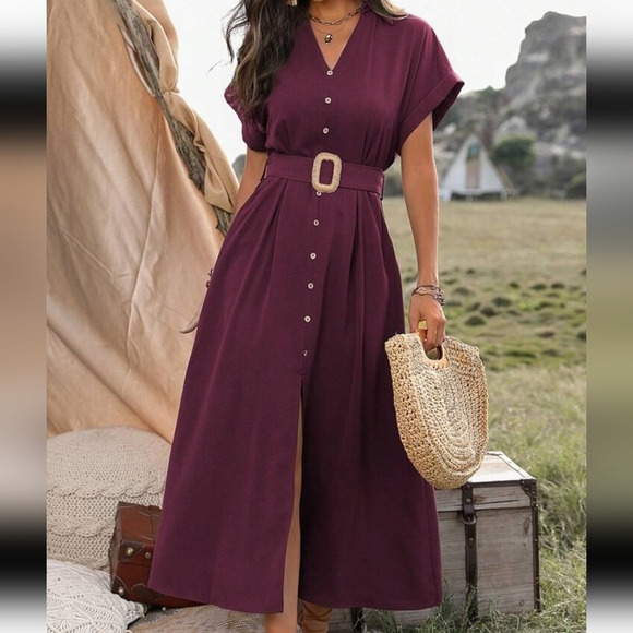 Women Summer Short Sleeve Button Down Waist Belted Dress Maxi Women Outfit - Picture 1 of 6